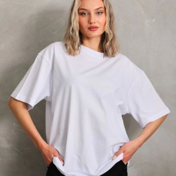 Kadın Düz  Kısa kol Penye T-shirt - Beyaz